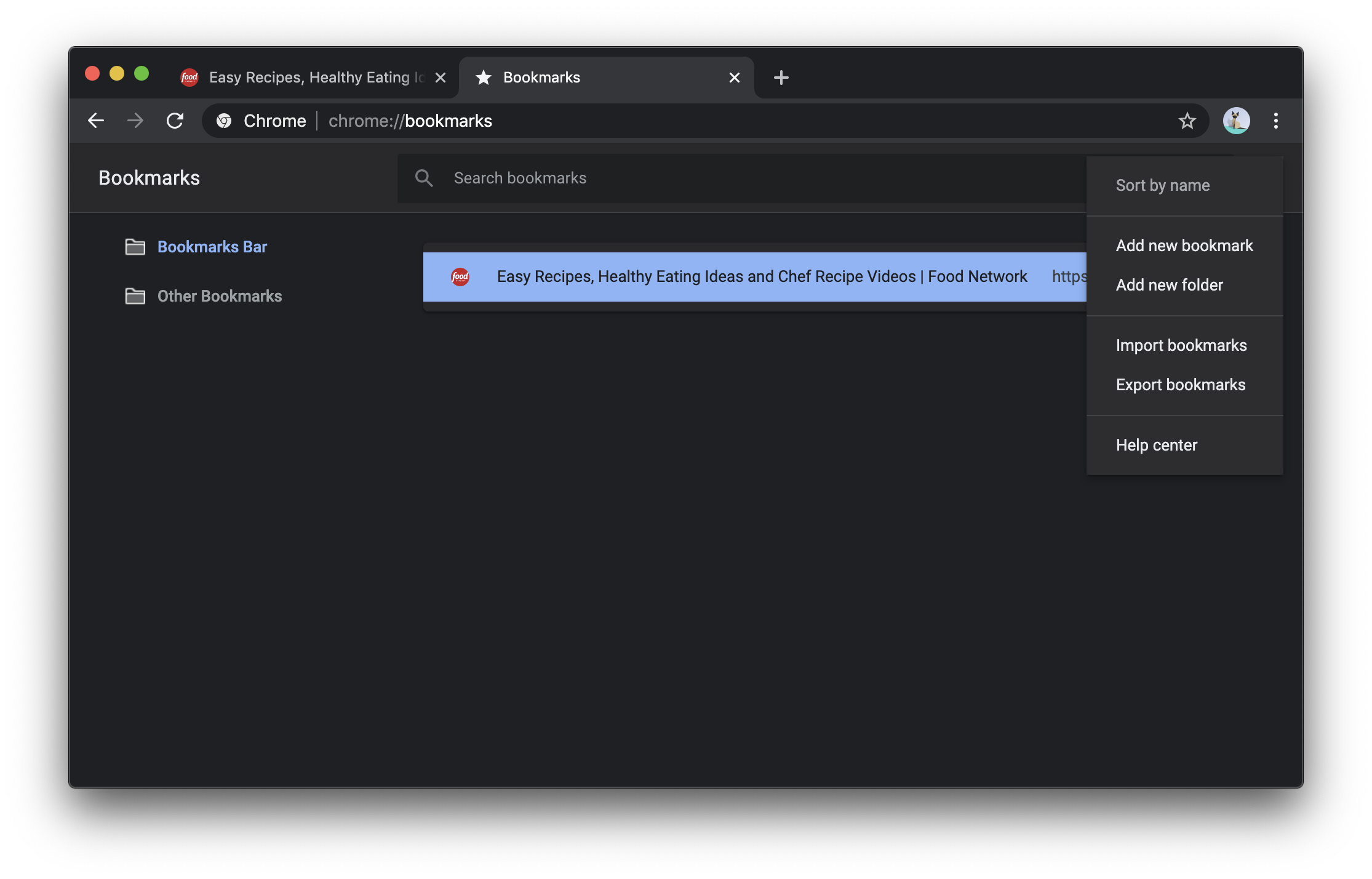 The three-dot menu for the bookmarks manager in Chrome