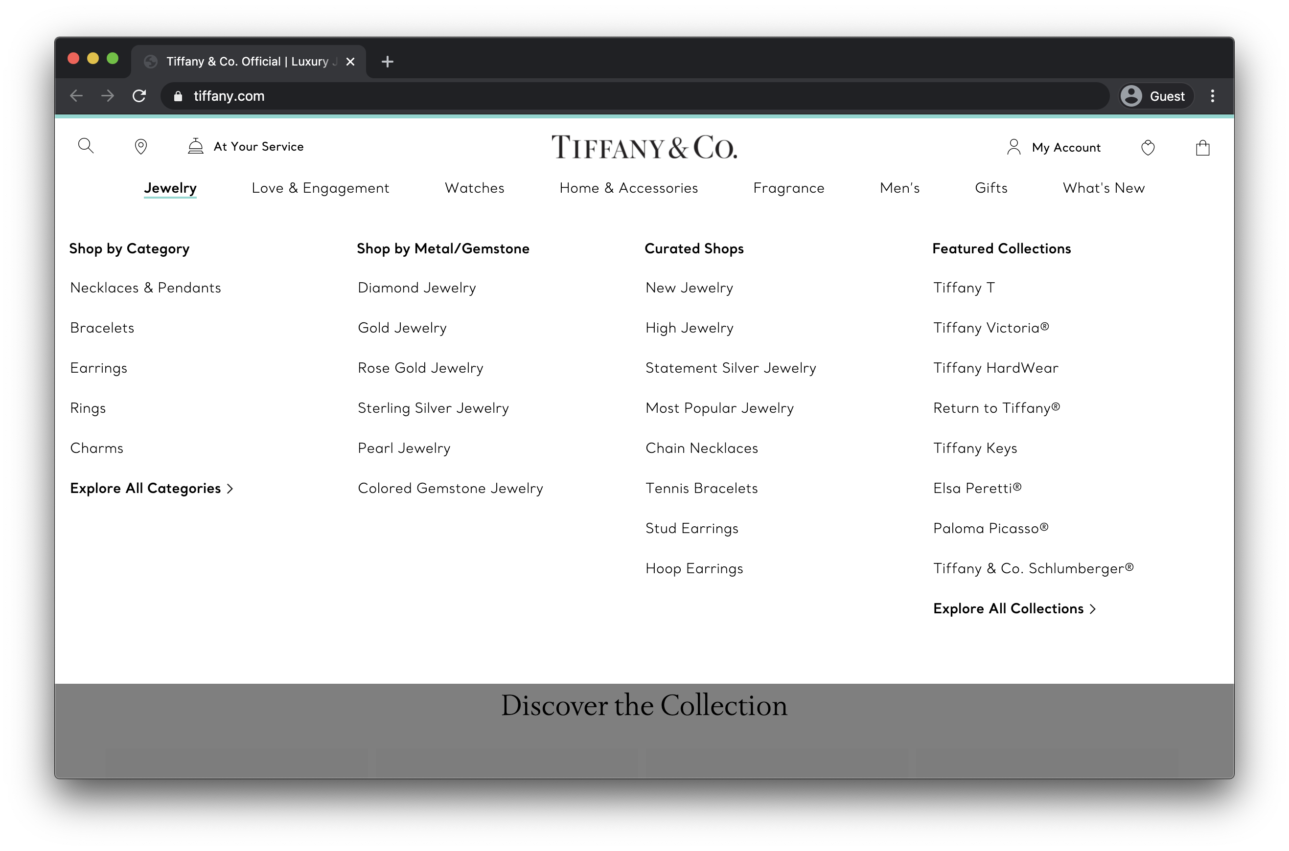 The navigation menu on tiffany.com